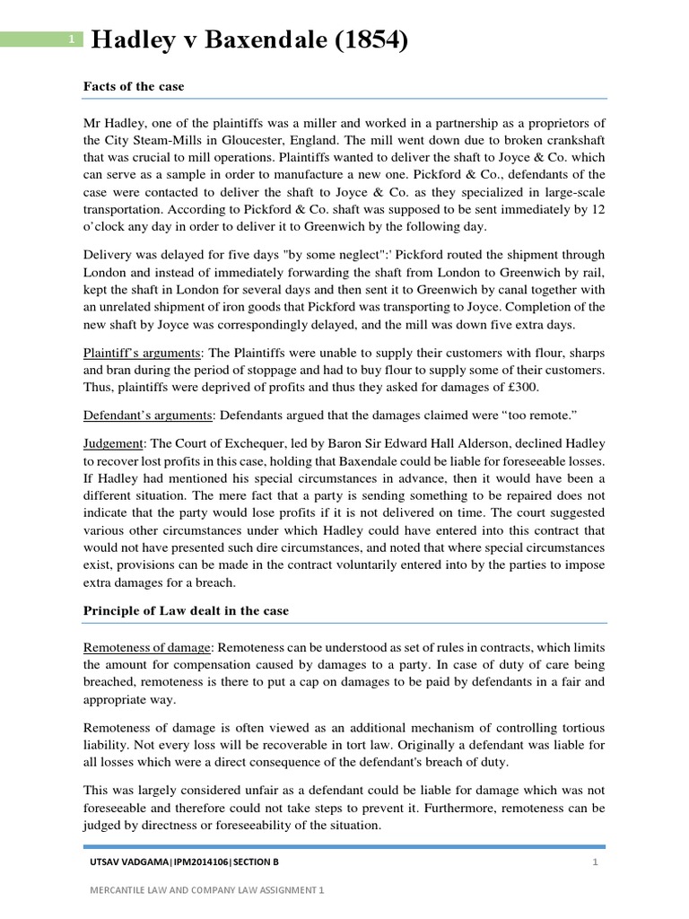 Hadley V Baxendale (1854) : Facts of The Case | PDF | Damages 