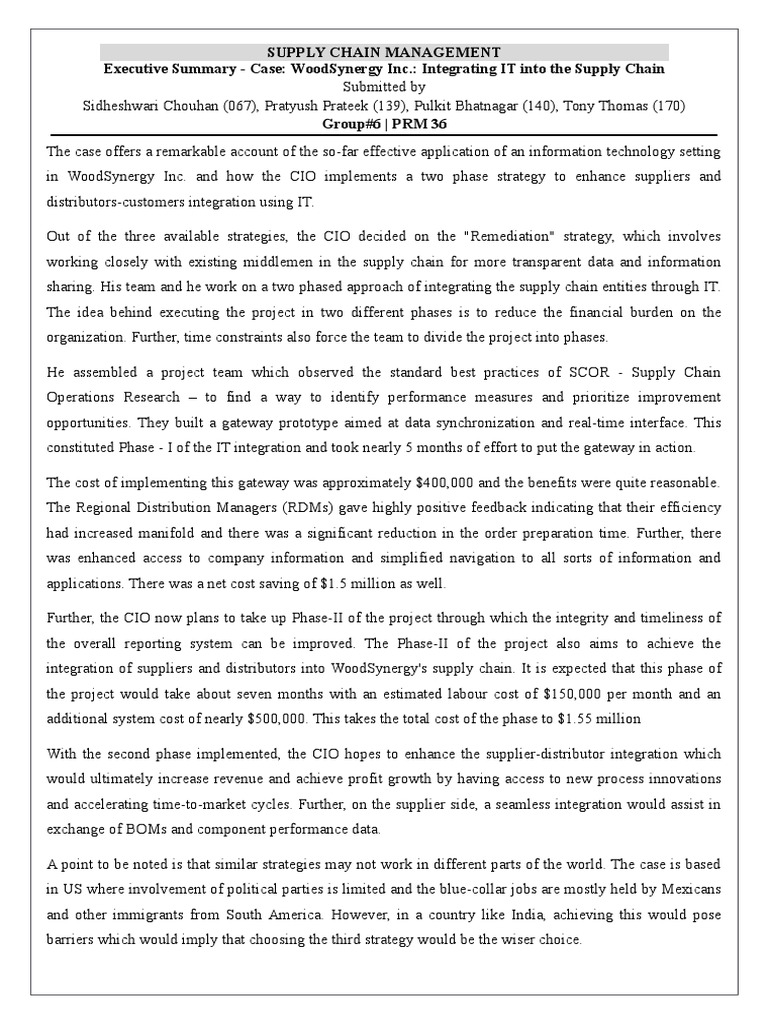 Supply Chain Management Executive Summary Case Woodsynergy Inc