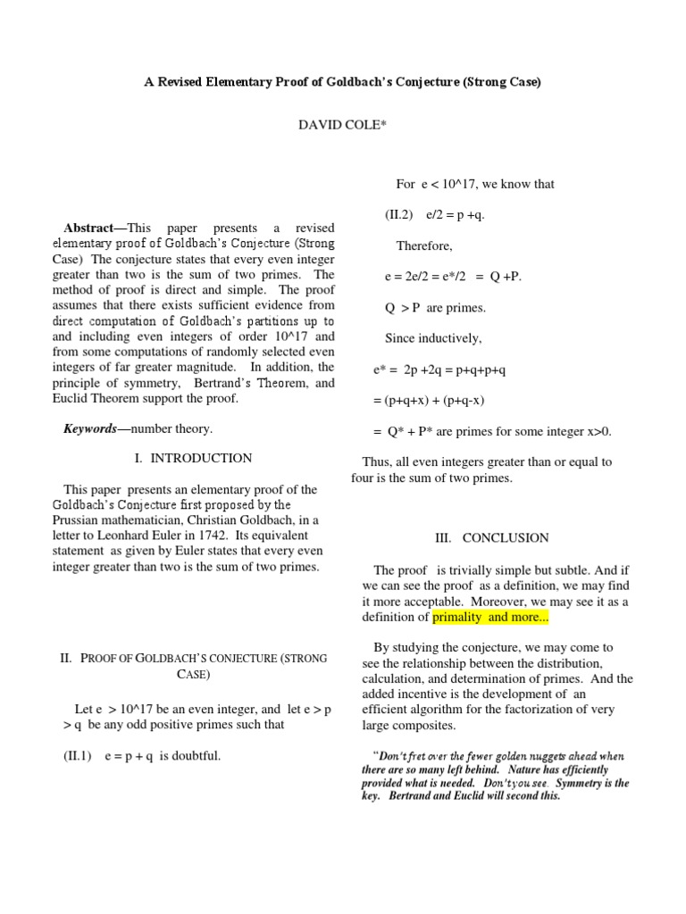 A Revised Elementary Proof of Goldbach's Conjecture (Strong Case) | PDF ...