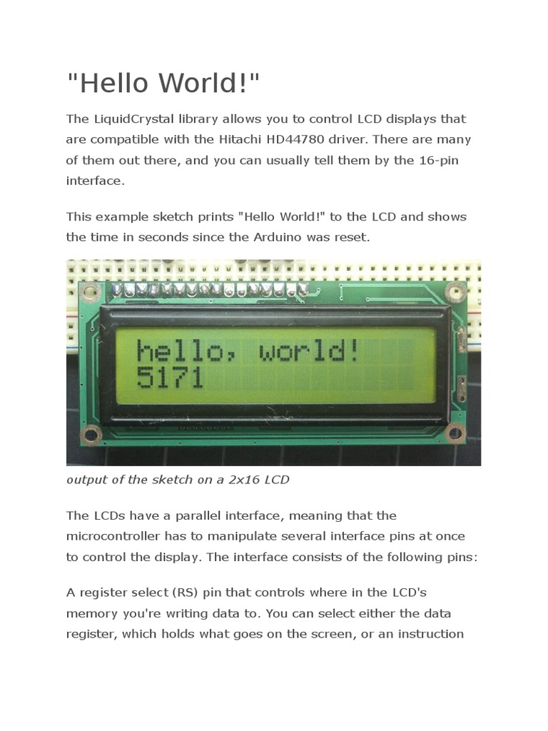 Arduino Hello World | PDF | Liquid Crystal Display | Electronic Engineering