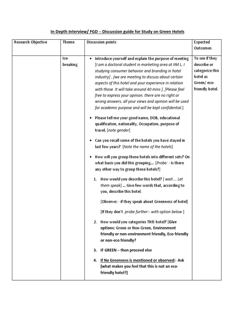 In-Depth Interview/ FGD - Discussion Guide For Study On Green Hotels ...