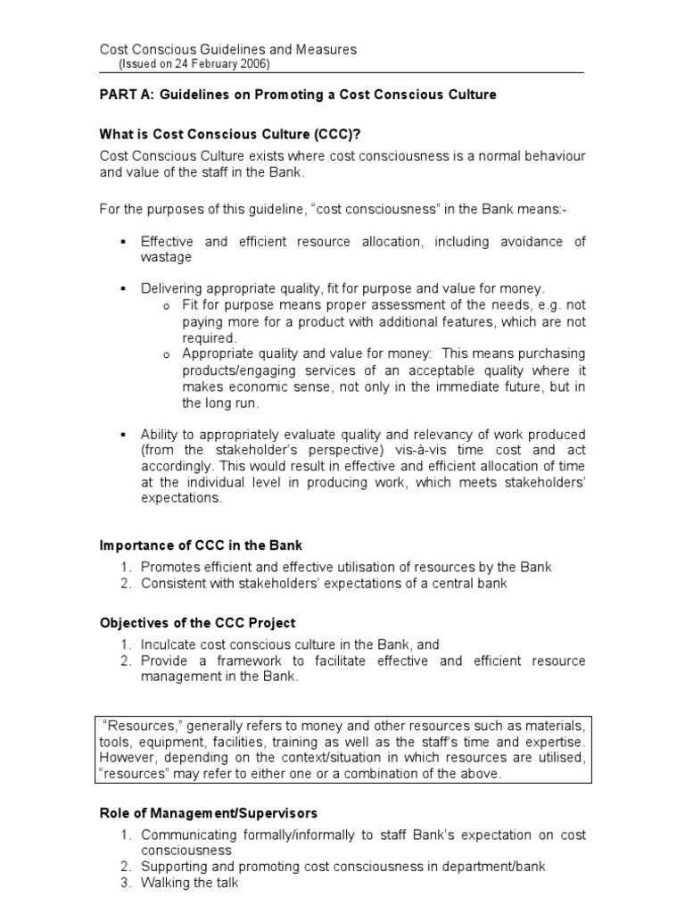 PART A Guidelines On Promoting A Cost Conscious Culture What Is Cost