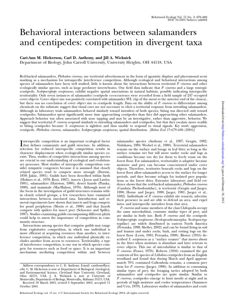 Centipedes Vs Salamanders PDF Aggression Ecology
