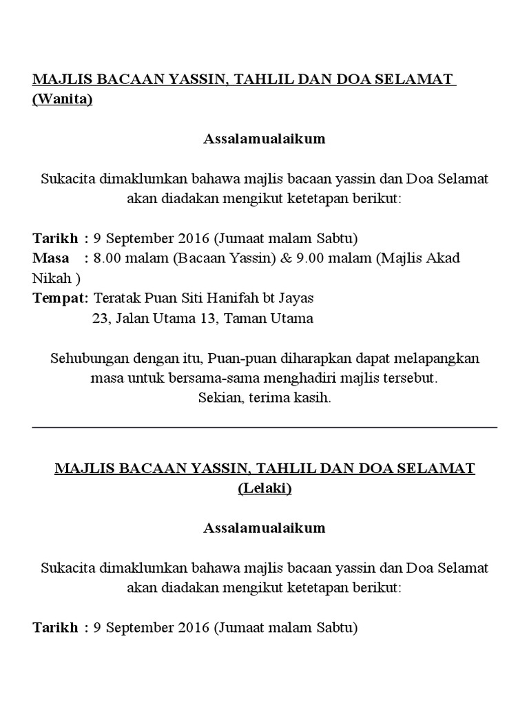 Surat Jemputan Yassin Pdf
