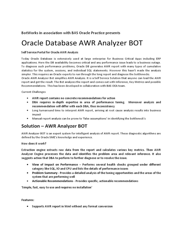 Oracle AWR Analyzer Bot Overview | PDF | Oracle Corporation | Databases
