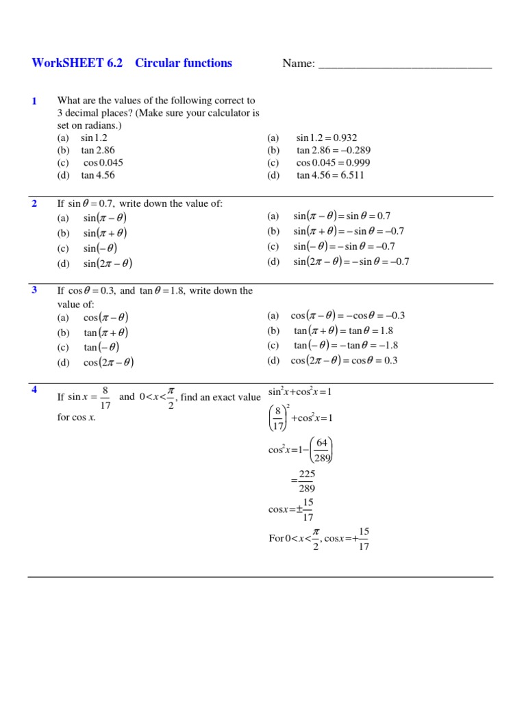 Worksheet 6.2 Circular Functions: Name | PDF | Sine | Trigonometric ...