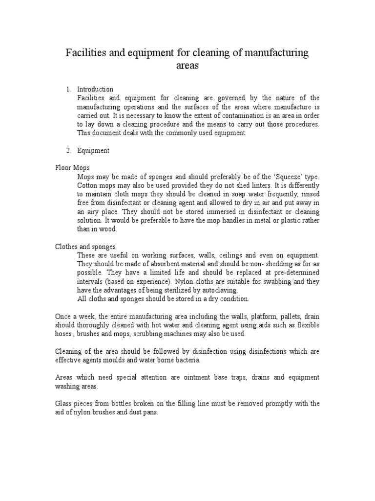 Facilities and Equipment For Cleaning of Manufacturing Areaa | PDF ...