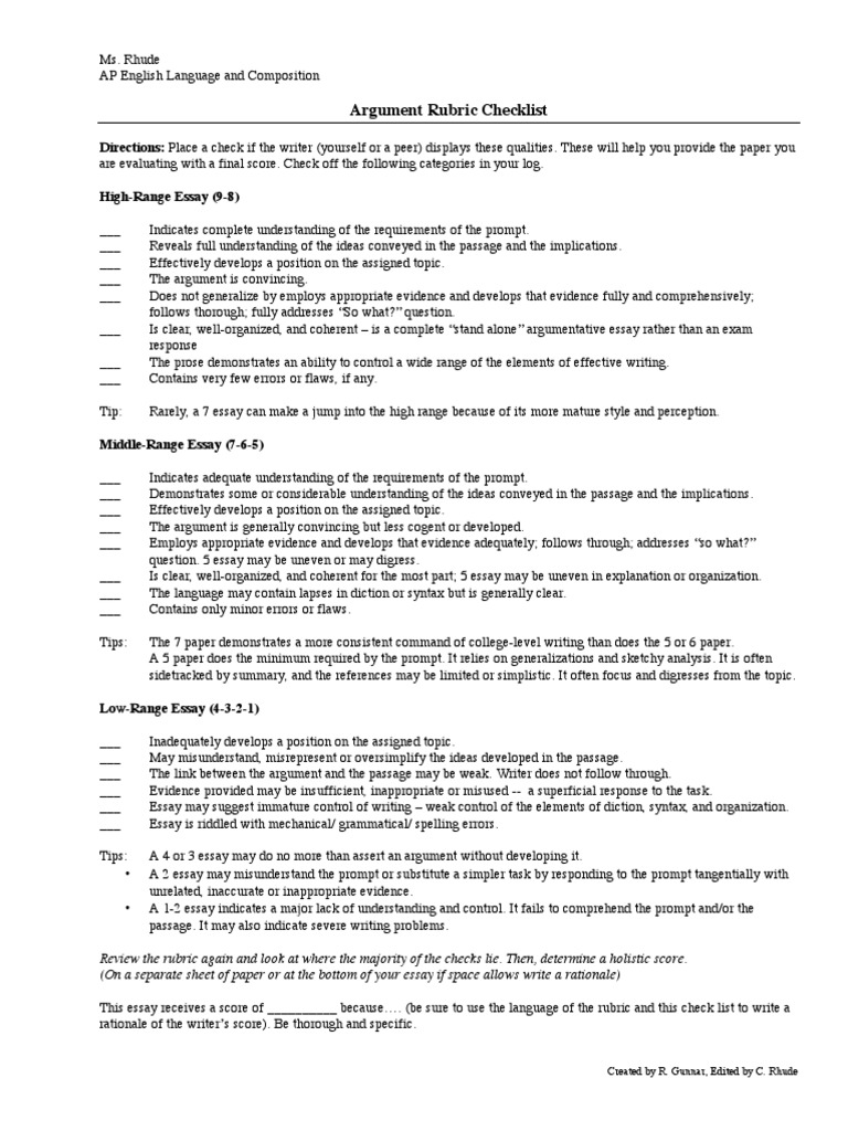 ap lang argument essay checklist