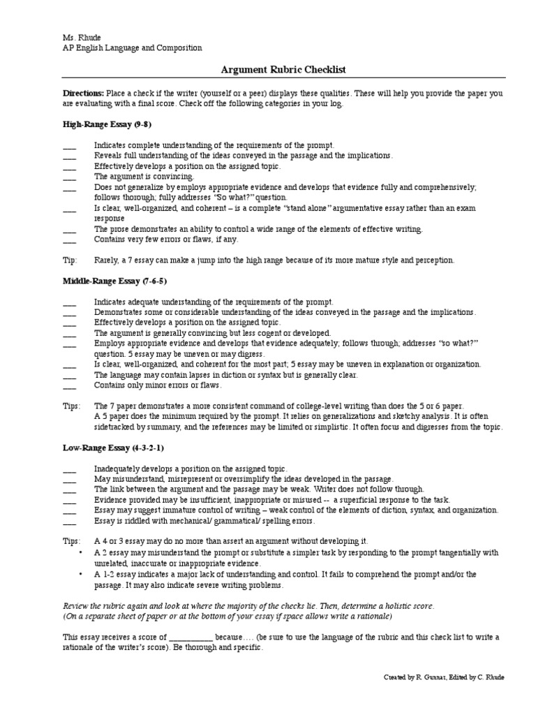 AP Lang Argument Checklist Essays Psychological Concepts