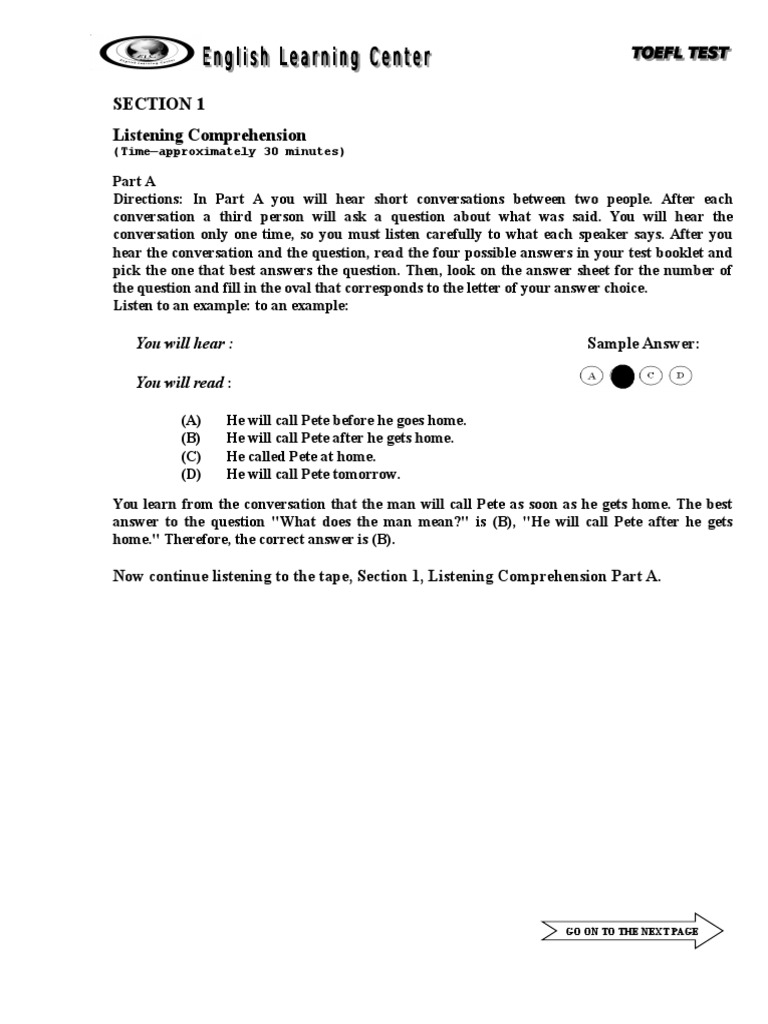 Direction Listening Comprehension Test Assessment Reading Comprehension