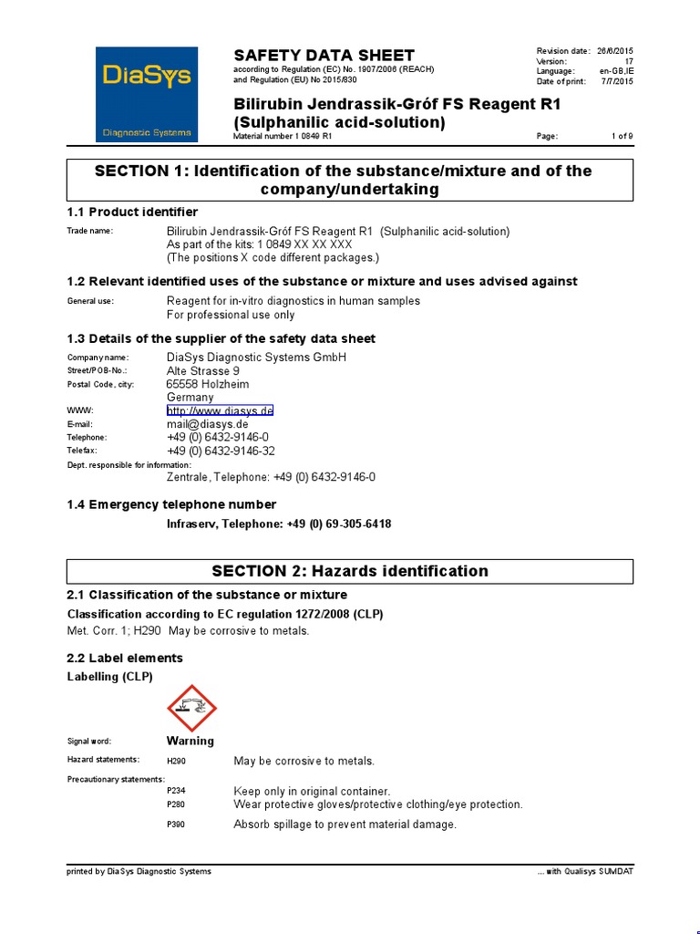 Bilirubin JendrassikGrof FS Reagent R1 Sulphanilic AcidSolution En