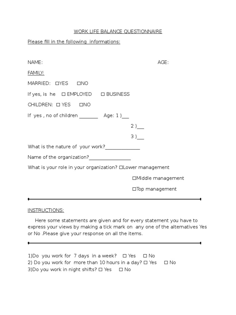 WORK LIFE BALANCE QUESTIONNAIRE.doc | Behavioural Sciences | Psychology ...