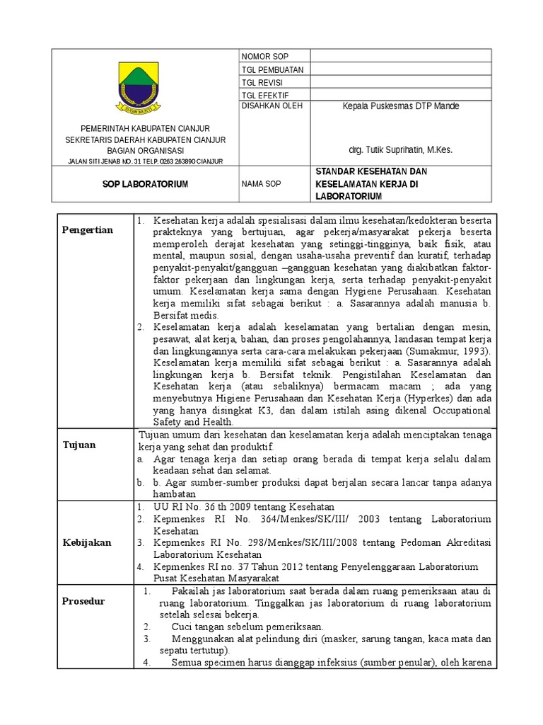 Sop Kesehatan Dan Keselamatan Kerja Di Laboratorium PDF