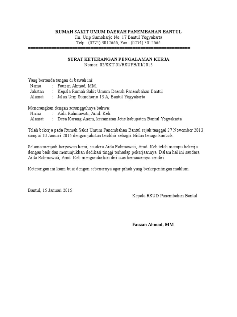 Contoh Surat Pengalaman Kerja Di Bidan Di Rsud