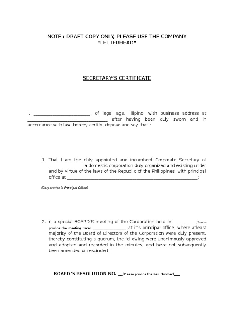 Secretary Certificate / Board Resolution to Open and Maintain Deposit