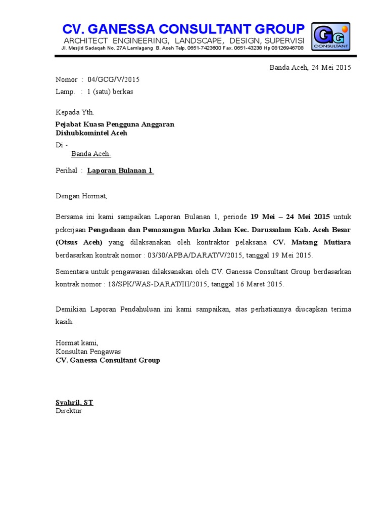 Contoh Surat Pengantar Lap Bulanan