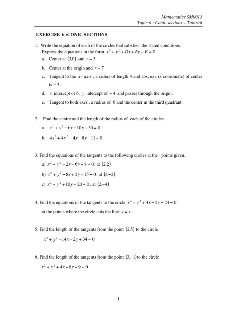 Conic Sections Tutorial Exercises | PDF | Circle | Ellipse