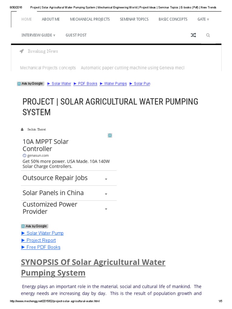 Solar Agricultural Water Pumping System | PDF | Solar Energy ...