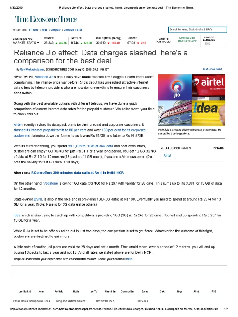 Jio Effect: Data Charges Comparison | PDF | Business | Finance & Money ...