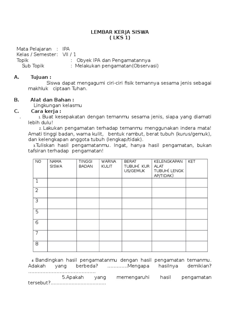 Contoh Lembar Kegiatan Siswa( Lks ) Ipa Klas Vii Smp