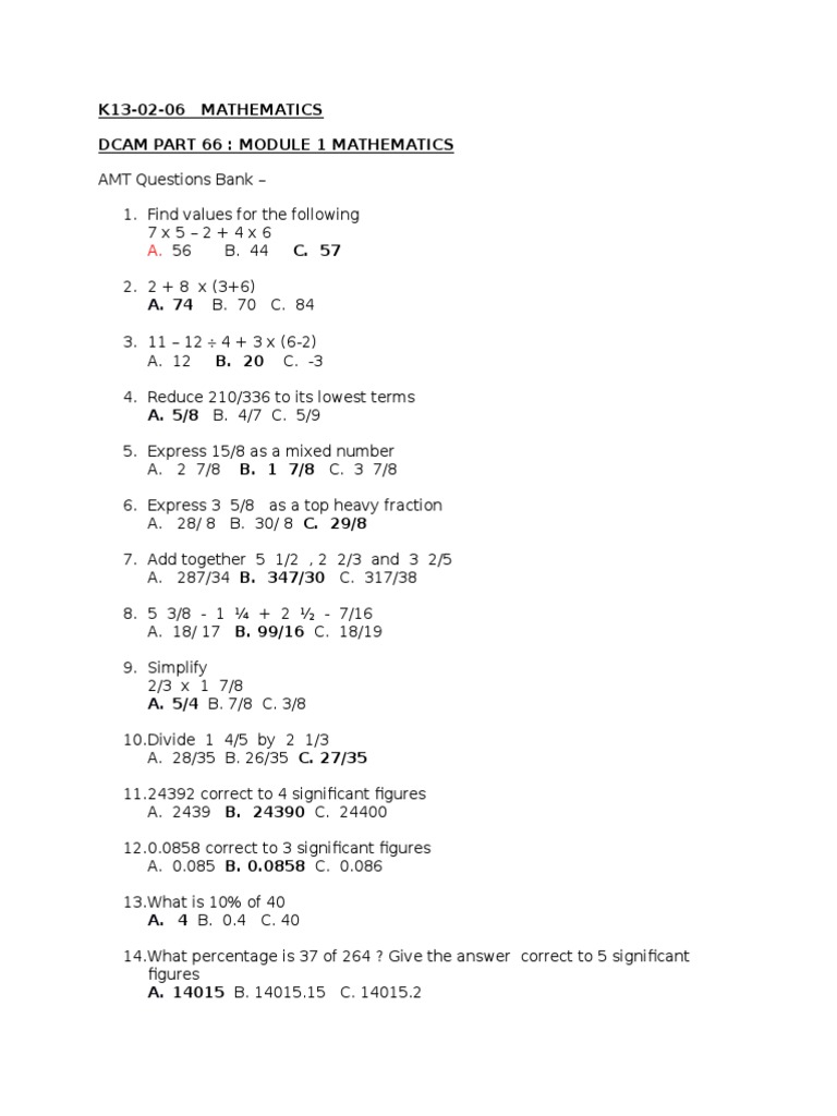 AMT Questions Bank Math PDF Quadratic Equation Mathematical Objects