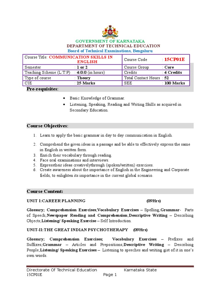 English Communication Skills Course | PDF | Reading Comprehension | Verb