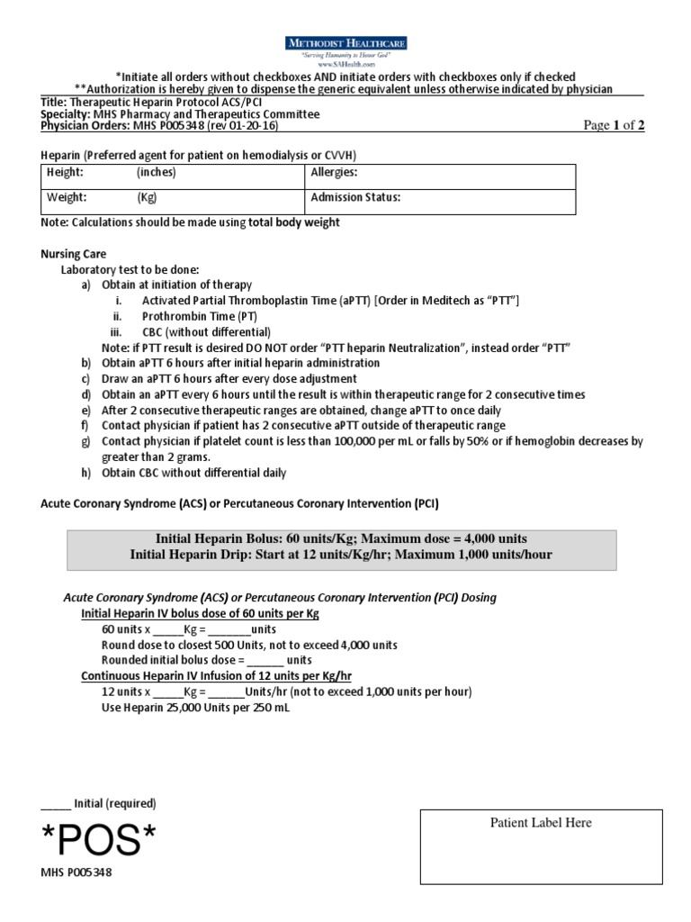 MHS P005348 Heparin Protocol Acute Coronary Syndrome (ACS) Percutaneous Coronary Intervention