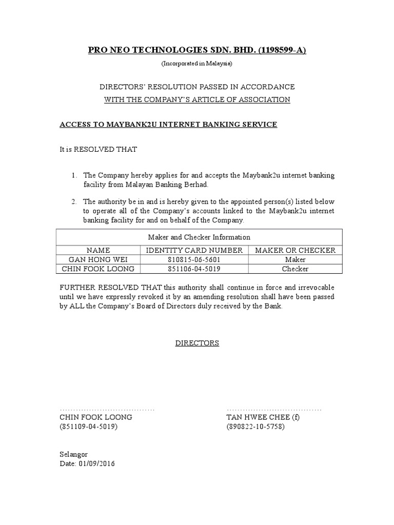 Board Resolution for Maybank2u Access | PDF | Government | Business