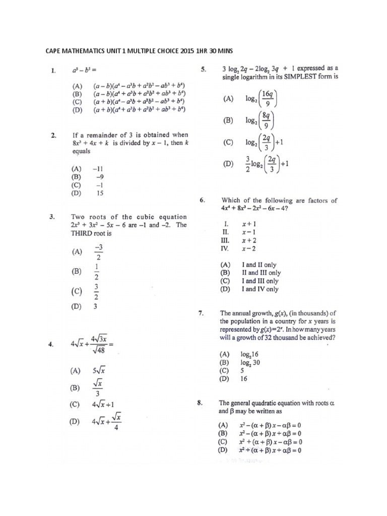 Pure Maths MCQ 2015 | PDF