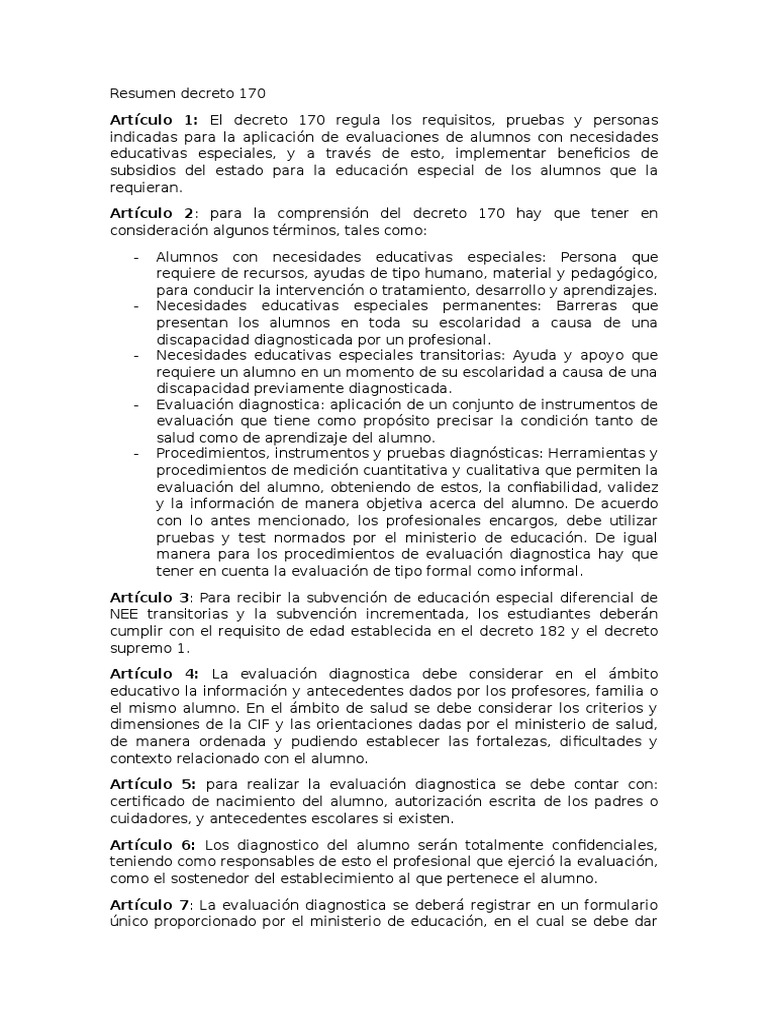 Resumen del Decreto 170 en Educación Especial | PDF | Evaluación ...