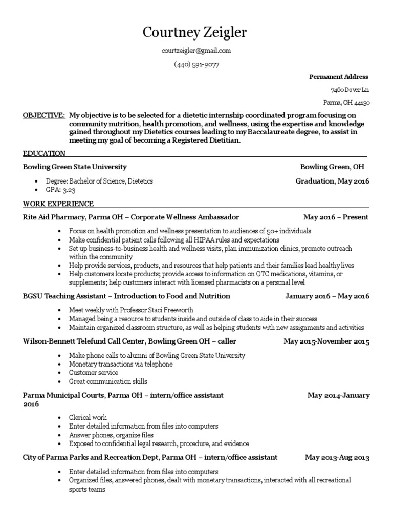 Resume For RD Internship Updated PDF Dietitian Health Care