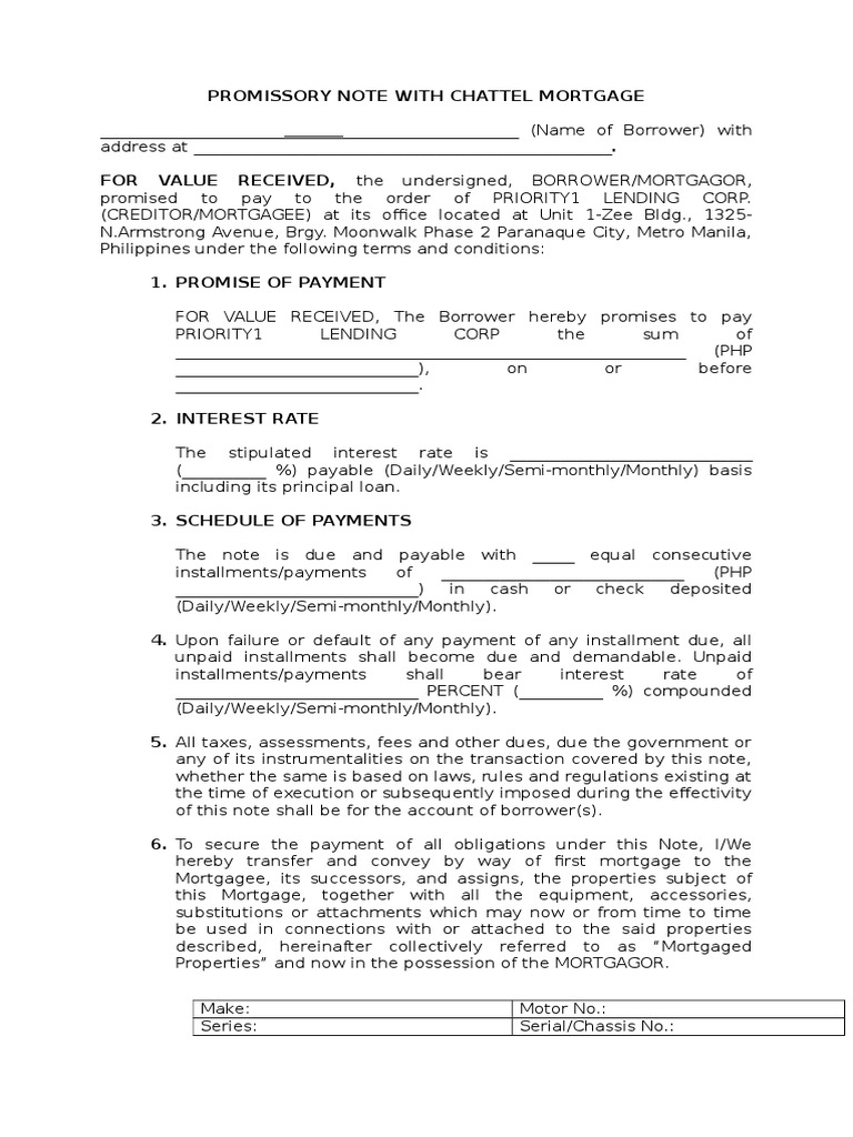 Chattel Mortgage Promissory Note Sample | PDF | Mortgage Law ...