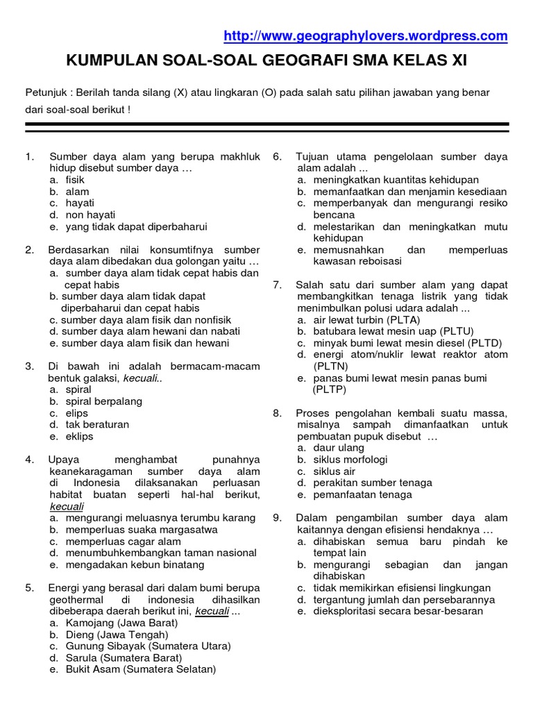 Kumpulan Soal Soal Geografi Sma Kelas Xi