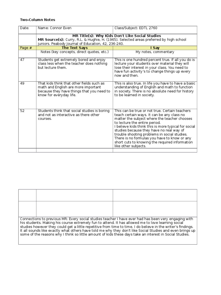 Two-Column Notes Template-23  PDF Regarding Two Column Notes Template