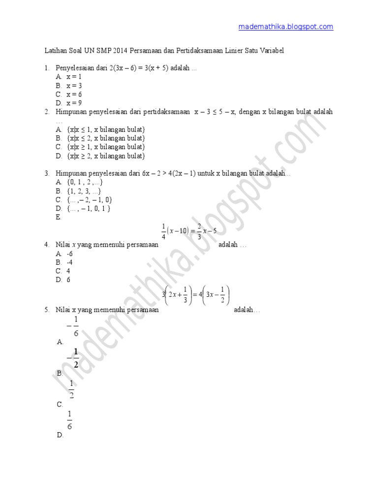 Latihan Soal Un Smp 2014 Persamaan Dan Pertidaksamaan Linier