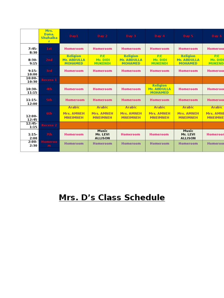 Mrs. D's Weekly Class Schedule | PDF