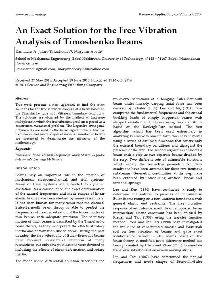 An Exact Solution For The Free Vibration Analysis of Timoshenko Beams ...