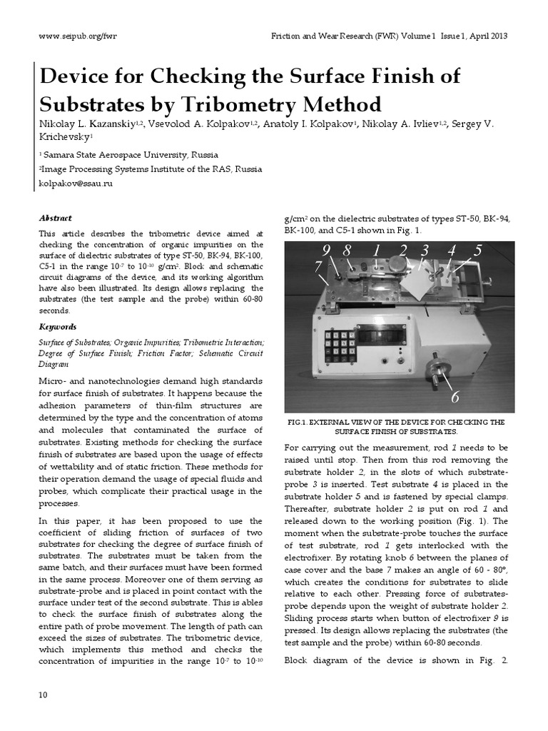 Device For Checking The Surface Finish of Substrates by Tribometry ...