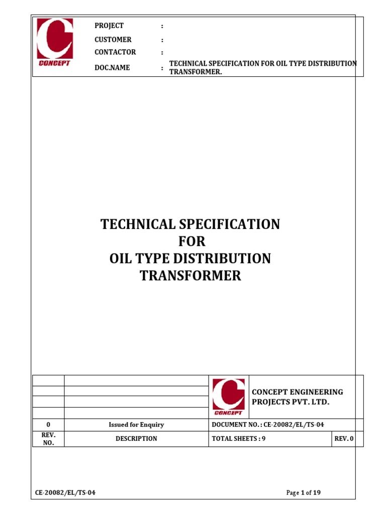 Oil Type Distribution Transformer Specs | PDF | Transformer | Switch