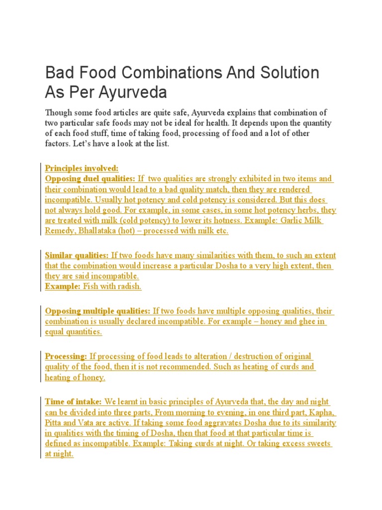 Bad Food Combinations and Solution As Per Ayurveda PDF Ayurveda Milk