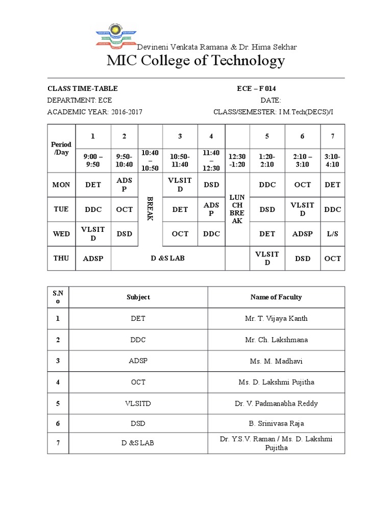 M.Tech ECE Class Timetable 2016-2017 | PDF
