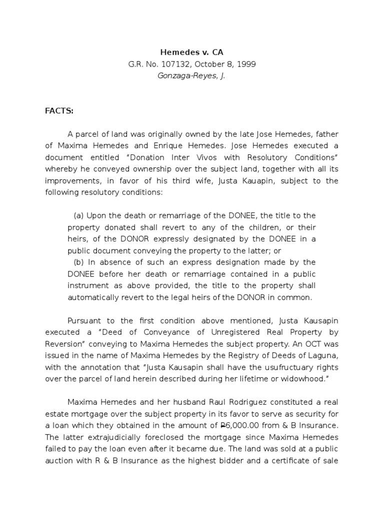 Hemedes v. CA: Property Ownership Dispute | PDF | Mortgage Law | Deed