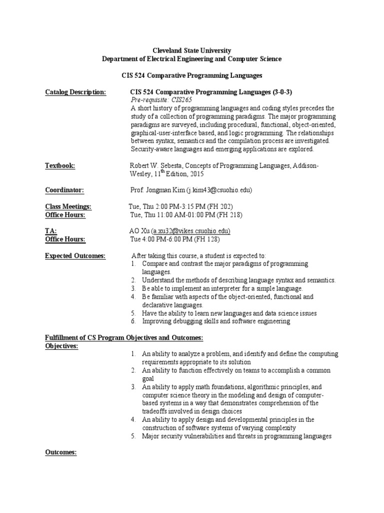 CIS 524-Syllabus FA2016 | PDF | Programming Language | Programming ...
