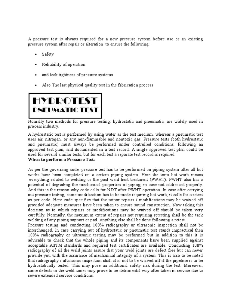 Pressure Tests of Piping SystemsHydrotest Vs Pneumatic Test PDF