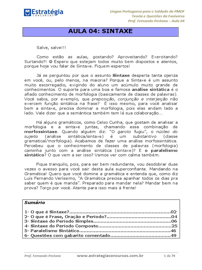 Sintaxe na Língua Portuguesa PMDF | PDF | Assunto (gramática ...