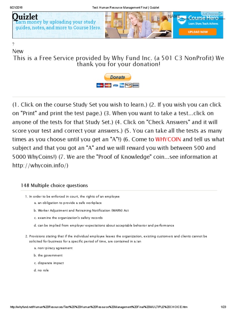 Human Resource Management Final Quizlet PDF Employee Benefits Employment