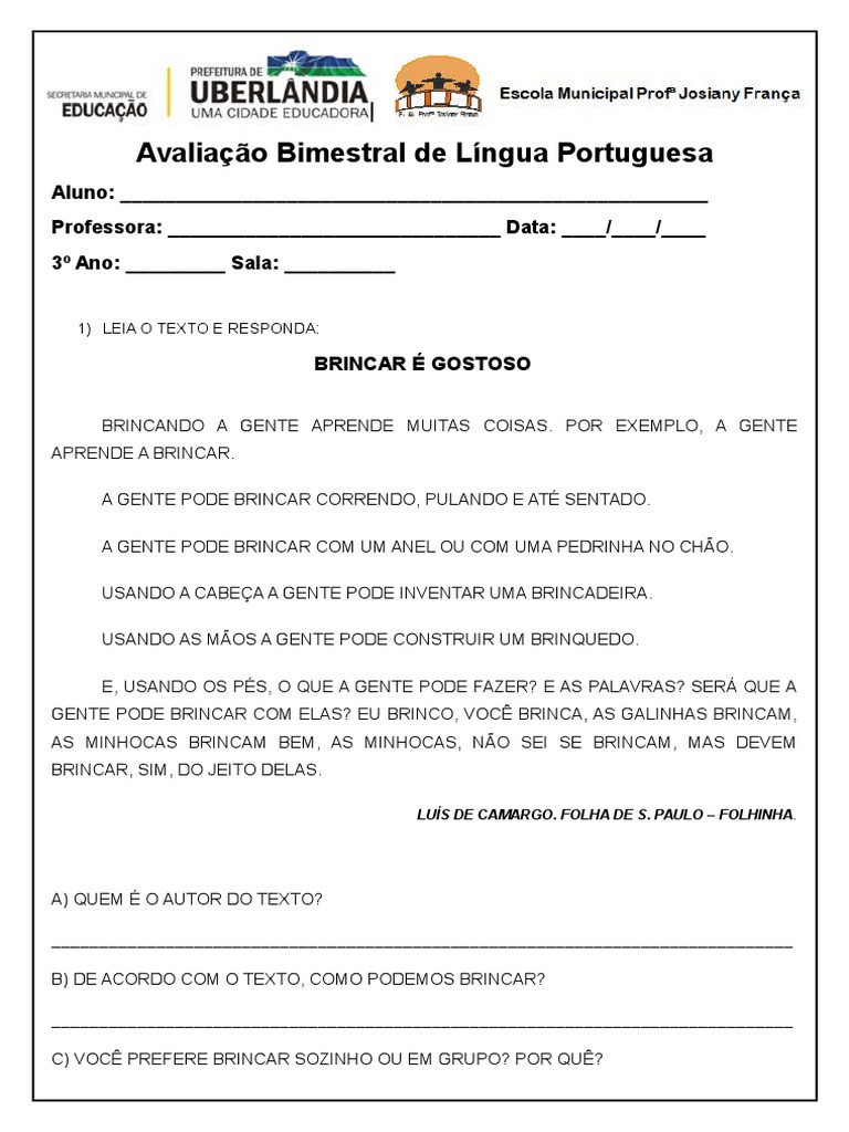 Avaliação de Língua Portuguesa 3º Ano | PDF | Estudos de Línguas ...