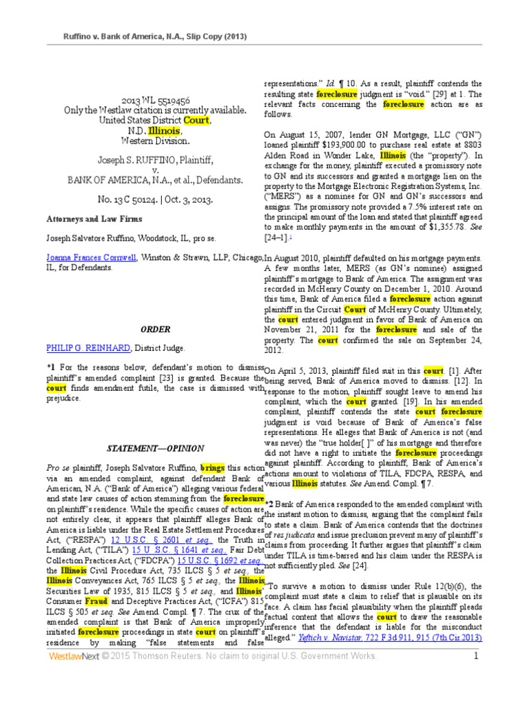 Ruffino V Bank of America NA PDF Res Judicata Foreclosure