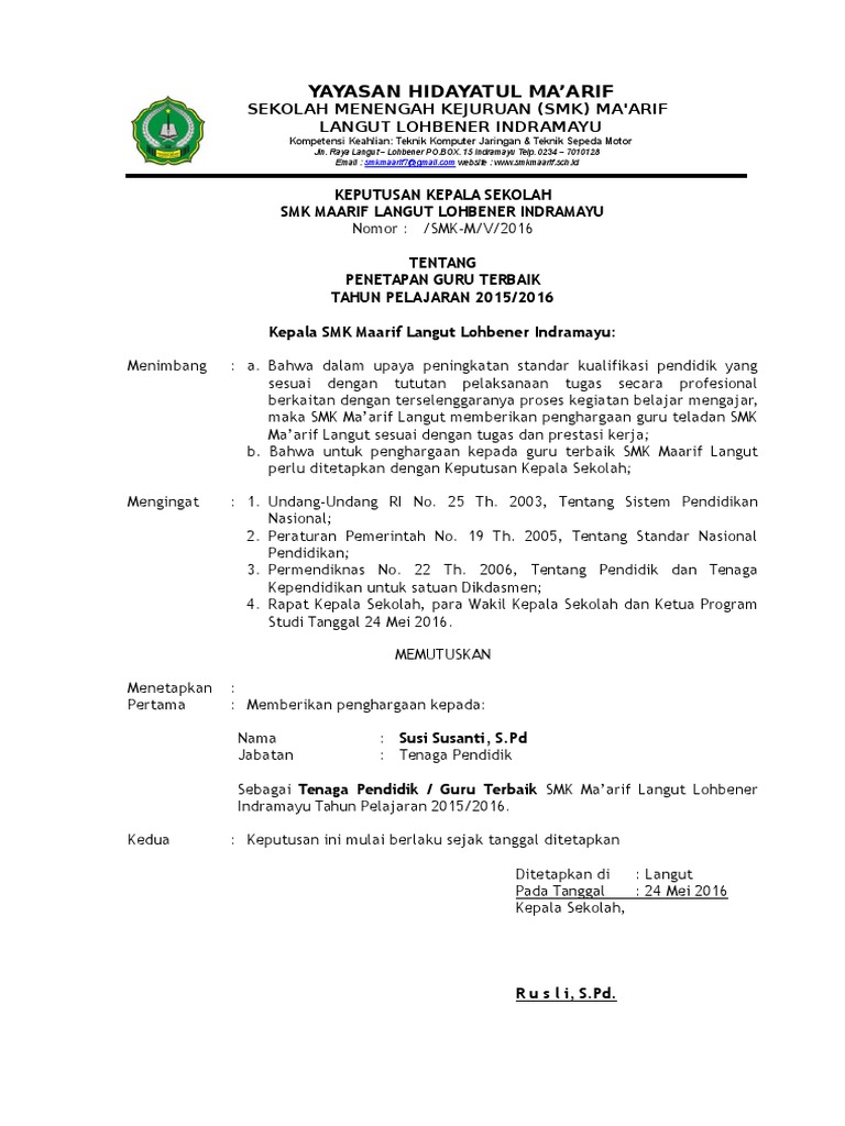 Contoh SK Guru Teladan PDF