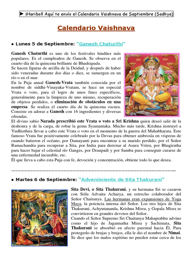 Calendario Vaishnava de Septiembre PDF Krishna Hinduismo